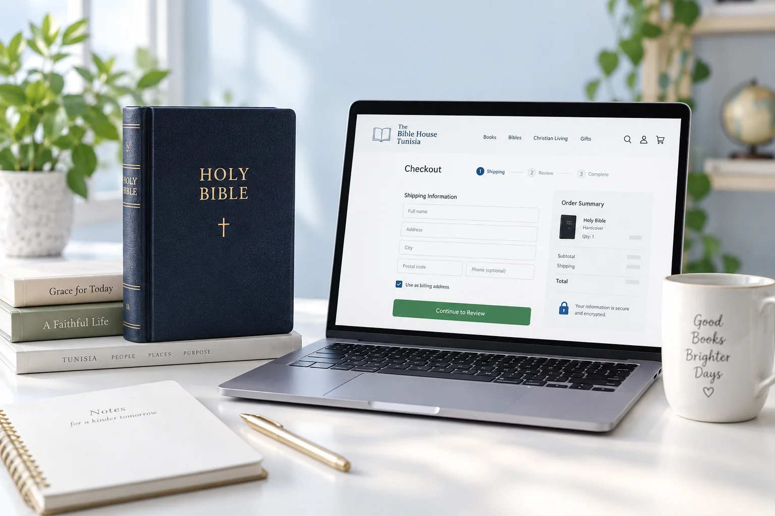 Une Bible et des livres auprès d’un ordinateur illustrant une commande en ligne.